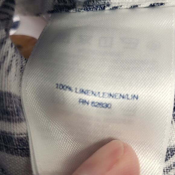 Lands' End Linen Shirt Women Large Tropical Short Sleeve Blouse Blue White Palms - Picture 7 of 8